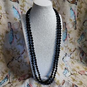 Vintage Antique Jet Black Glass Faceted Extremely Long Strand Beaded Necklace